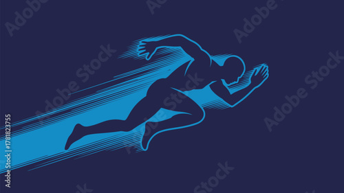 Dynamic blue silhouette of a runner sprinting forward with speed lines conveying power and motion, ideal for sports, fitness, and achievement concepts