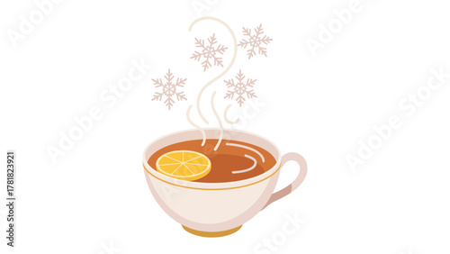 Cozy Tea Cup: A steaming cup of tea with a slice of lemon is adorned with snowflakes, creating a scene of warmth and winter charm. 