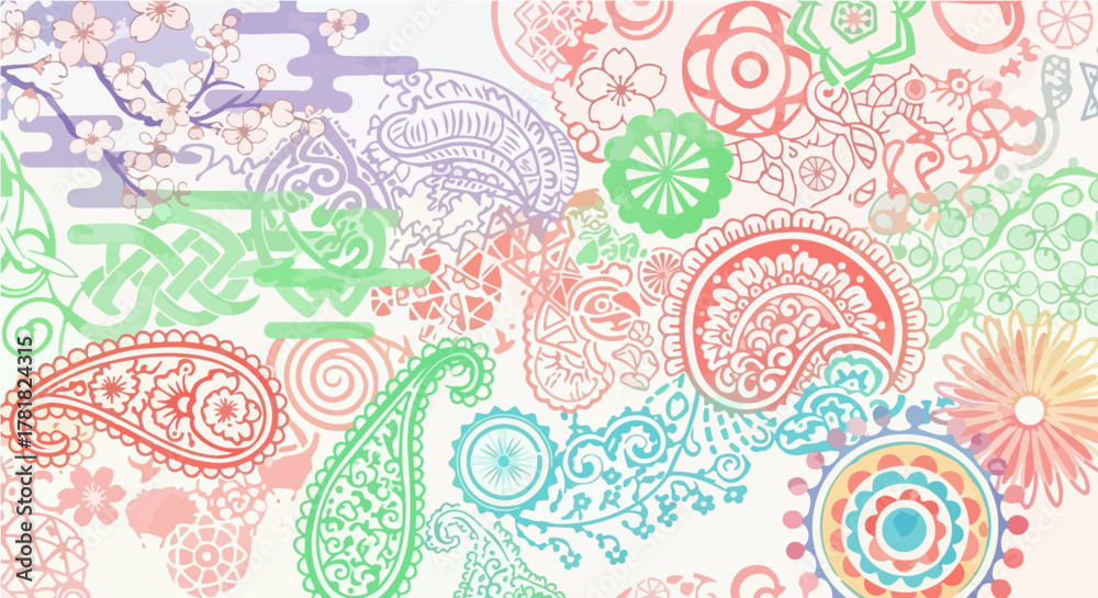 Fototapeta premium Delicate and colorful illustration of traditional ornamental patterns, featuring a beautiful fusion of paisley, floral, and Asian motifs