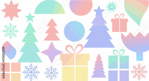 Colorful Pastel Holiday Shapes for Festive Designs Christmas Trees, Gifts, Stars, and Seasonal Decor for Creative Projects