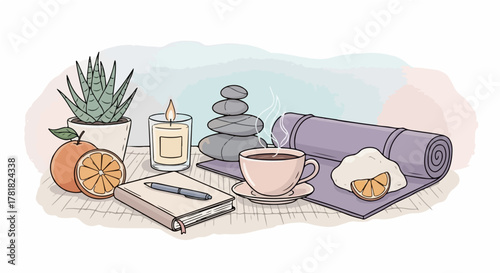Serene moment of self-care and relaxation with a cup of tea, a journal, a yoga mat, and a succulent plant