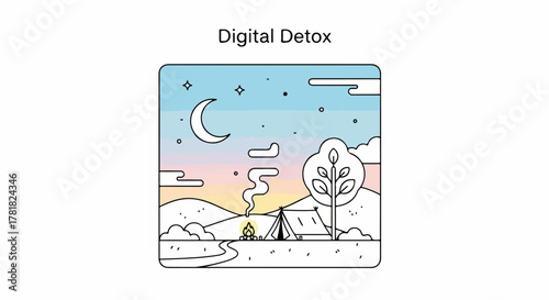 A serene night camping illustration with a tent and campfire under a starry sky, a minimalist line art vector concept for digital detox and nature retreat