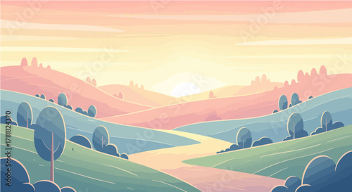 Tranquil pastel landscape illustrating the serene beauty of dawn or dusk over gentle rolling hills, with a winding path symbolizing peaceful journeys and new beginnings