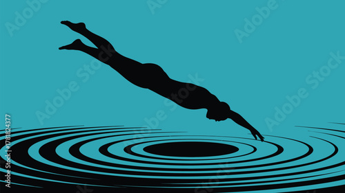 Dynamic silhouette of a swimmer diving into water, creating ripples, perfect for summer vibes and aquatic themes with a modern artistic style