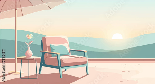 Relaxation at Sunset A Serene Scene of a Lounge Chair, Table, and Umbrella with a Mountain View in Soft Hues