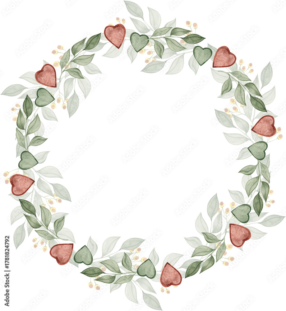 Fototapeta premium Watercolor wreath with green leaves, elegant botanical circle frame, hand-painted foliage design for invitations, cards and natural decor