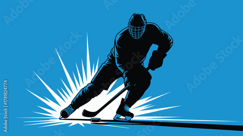 Dynamic silhouette of hockey player speeding with puck on ice for sports advertising and team branding, perfect for energetic designs and fan engagement