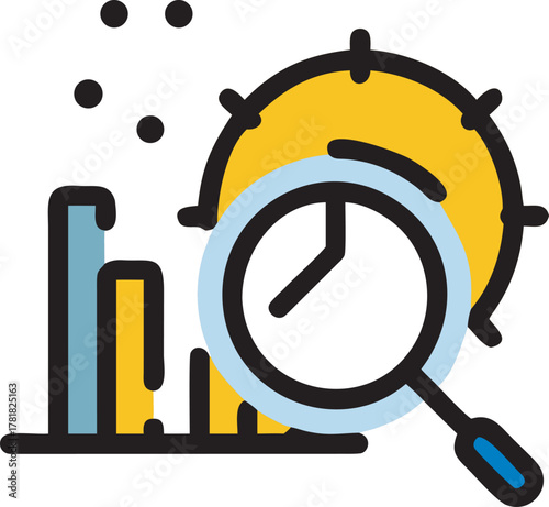 Real-Time Data Analysis and Time Monitoring Icon with Bar Chart and Magnifying Glass, Business Analytics Vector Illustration