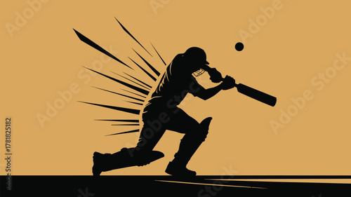 Dynamic silhouette of a cricket batsman hitting the ball powerfully in action, perfect for sports branding and promotional materials for games