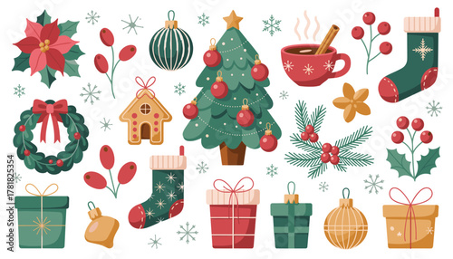 Festive Christmas Elements Collection With Poinsettias Holly Berries And Gifts holiday decoration
