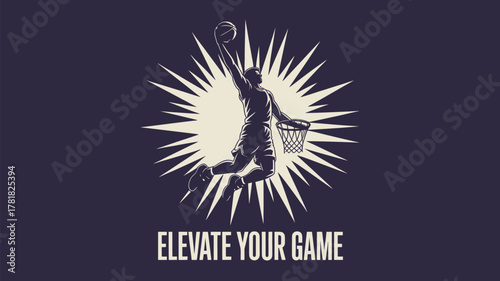 Dynamic basketball player soaring for a slam dunk, elevate your game with this high-energy design for sports branding and motivational content