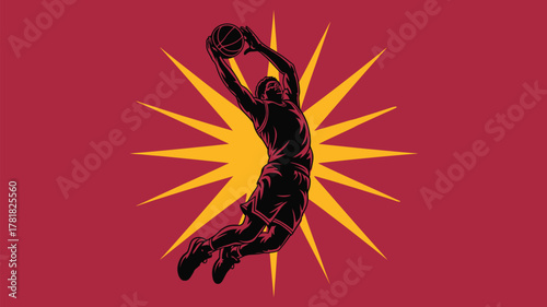 Dynamic basketball player soaring for slam dunk with vibrant starburst background perfect for sports branding and team spirit designs, athletic prowess.