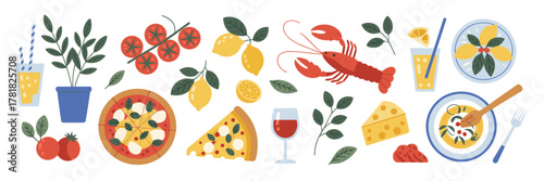 Italian Food And Drink Elements With Pizza Lobster Pasta And Lemons vector illustration
