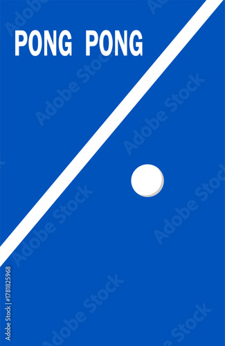 ping pong text, ball on a blue background,