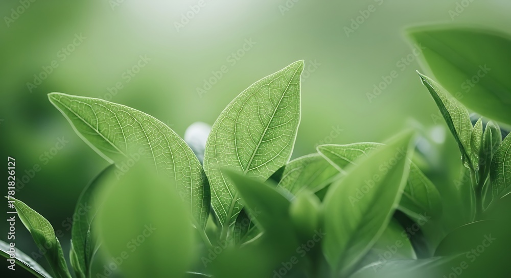 Fototapeta premium Close Up Green Leaves with Veins and Soft Focus Background