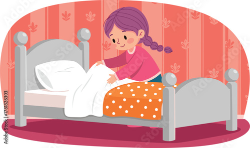 Cartoon child making bed with orange polka dot blanket, purple-haired girl in pink top tidying bedroom interior illustration