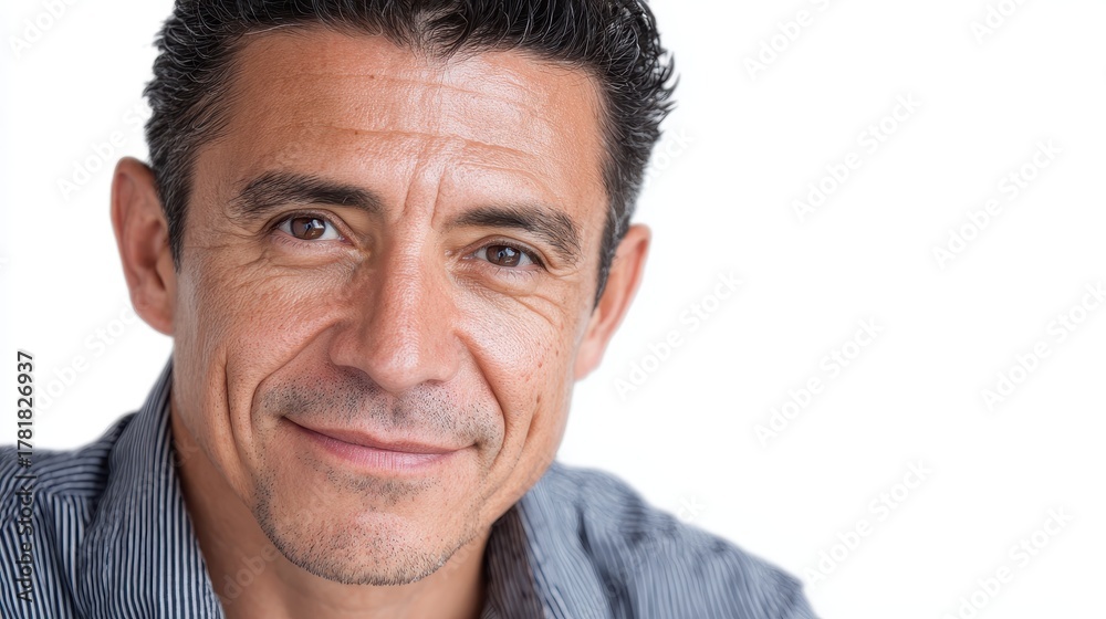 Obraz premium Closeup portrait of a mature adult man with warm smile and expressive eyes against a light background, conveying confidence and approachability in a relaxed setting