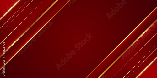 Modern red background with diagonal golden lines creating a strong geometric luxury style.