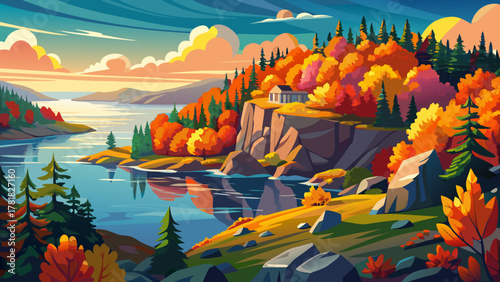 Very beautiful Acadia National Park in vibrant foliage season, featuring stunning autumn landscapes with colorful trees, rocky coastline, calm lakes, and warm sunlight creating a realistic scenic New 