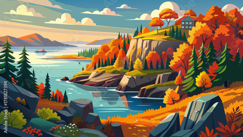 Very beautiful Acadia National Park in vibrant foliage season, featuring stunning autumn landscapes with colorful trees, rocky coastline, calm lakes, and warm sunlight creating a realistic scenic New 