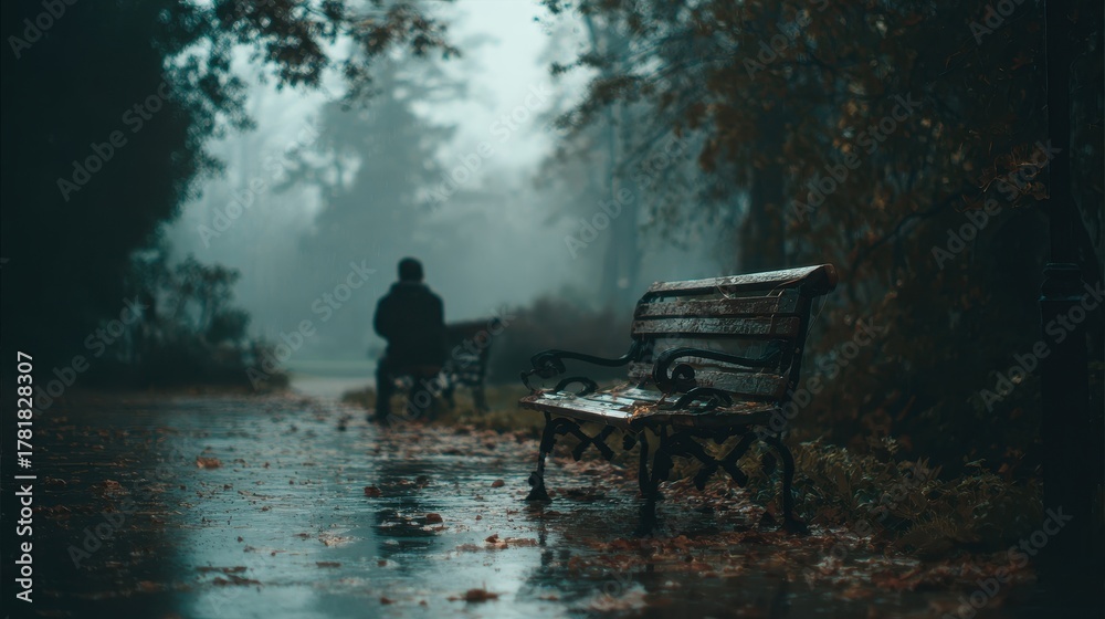 Obraz premium Sadness envelops a man sitting alone on a park bench under gray skies during a rainy autumn day in a quiet, abandoned area of the city