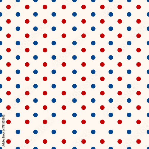 Minimal red and blue polka dots on white background seamless pattern. Great for 4th of July, American Independence Day, or playful wrapping paper.