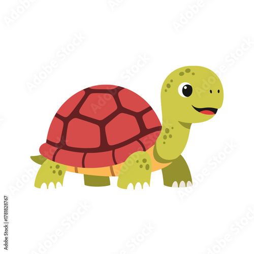 Adorable cartoon baby turtle with a vibrant red shell and a cheerful green body, playfully smiling, a delightful character perfect for children's designs, educational content, and fun animal themes