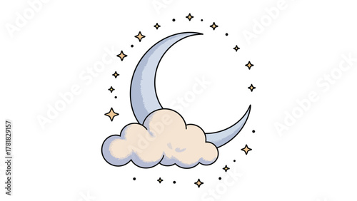 Celestial Dreamscape: A whimsical illustration of a crescent moon nestled upon a fluffy cloud, encircled by shimmering stars, evoking a sense of tranquility and magic.