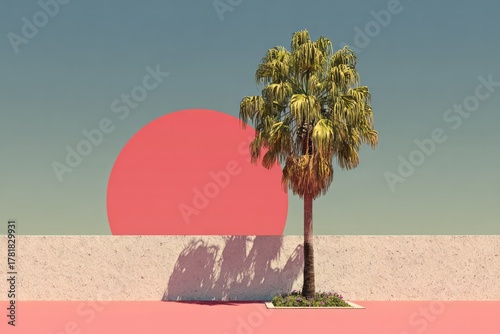 Stylized palm tree with sunset background modern design, colorful background, tropical