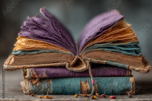 Vintage open book with colorful pages old book, worn texture, literature