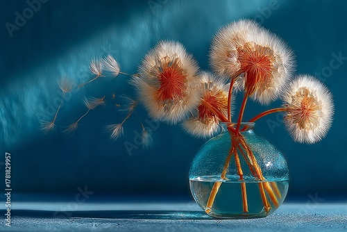 Dandelion flowers in glass vase nature, still life, home decor