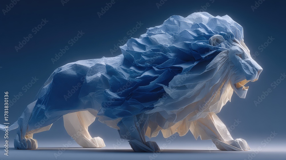 Obraz premium photorealistic paper crane, caught in the middle of refolding itself into the shape of a powerful lion, origami metamorphosis, business model adaptation 