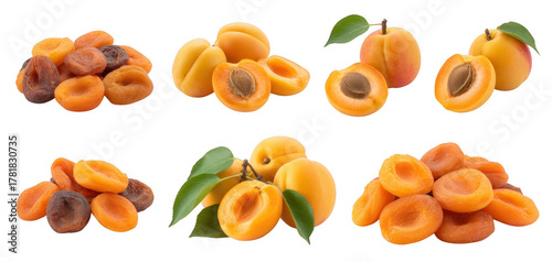 Fototapeta Naklejka Na Ścianę i Meble -  Fresh dried apricots and whole fruits isolated on a transparent background