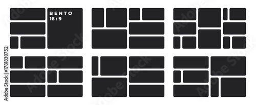 Black square block mosaic backdrop. Geometric tiles, shapes, elements forming seamless puzzle pattern. Vector modular template with gallery frame structure. Design for digital backgrounds.