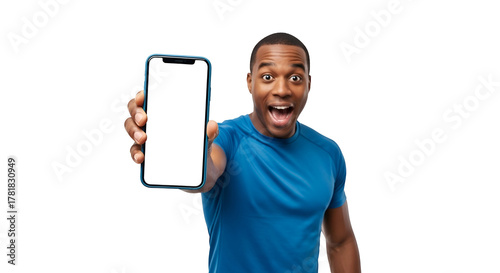 Enthusiastic African American man showcasing mobile application on smartphone with blank screen and transparent background for diverse user interfaces attractive product demonstration excited