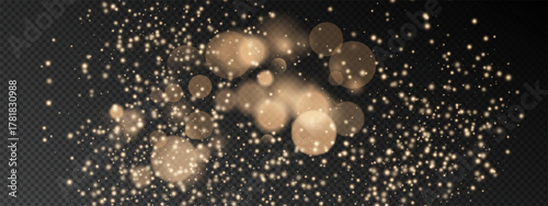 Gold dust bokeh light effect background with glitter particles. Golden confetti dots, flare orbs, and magic sparkles create champagne glow on black. Vector shine texture for festive firework designs