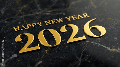 Golden Happy New Year 2026 on Marble Background