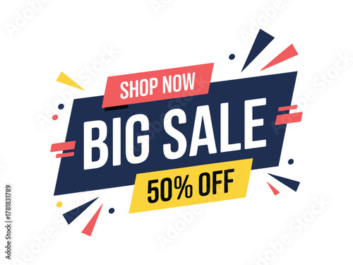 Big Sale graphic with 'Shop Now' and '50% Off' offers