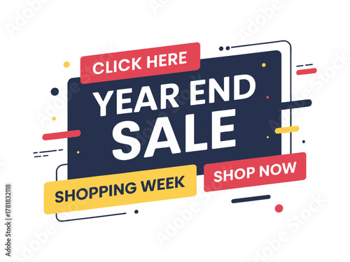 Promotional graphic announces a year-end sale with a 'click here' and 'shop now' call to action.