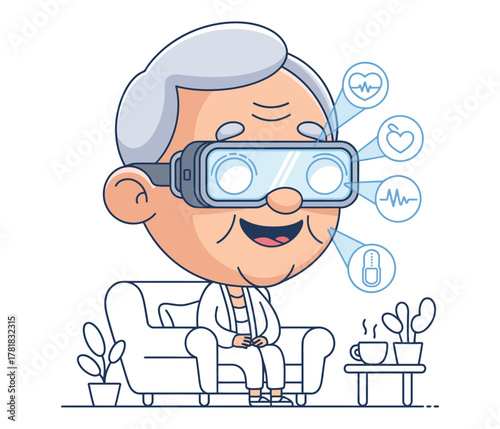 Elderly person wearing virtual reality headset experiencing healthcare technology at home.