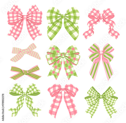 Pink and Green Gingham Coquette Bow Set. Cute Pastel Ribbon Vector Collection