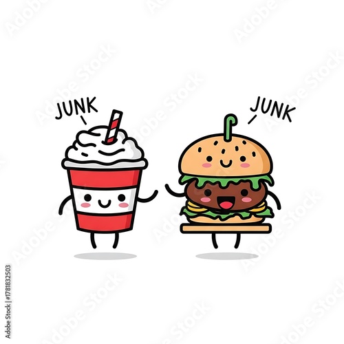 Cartoon illustration of a burger and soda with junk food label isolated on white