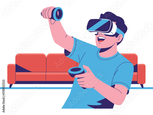 Person enjoying virtual reality gaming at home with a couch in the background.