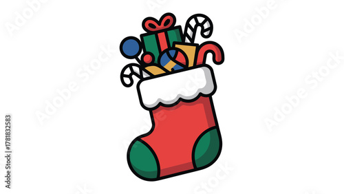 Christmas Stocking Overflowing with Gifts: A charming Christmas stocking, brimming with colorful presents and treats, evokes the joy and anticipation of the holiday season. 