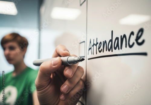Persons hand holding a marker, writing the word attendance on a whiteboard in an office setting