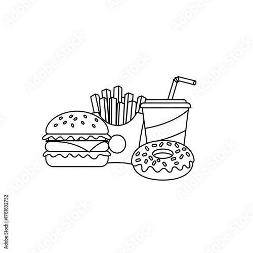 Fast food meal isolated on white background with burger, fries, soda, and donut