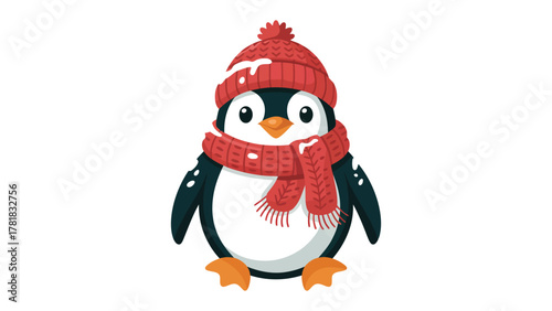 Charming Penguin in Winter Attire: A delightful penguin, adorned in a vibrant winter hat and scarf, stands as a charming symbol of winter and joy. The illustration evokes warmth and festive cheer.