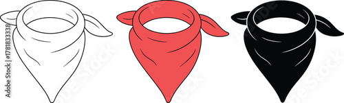 Bandana scarf illustration set, red black white fabric accessory drawing, fashion sketch vector, tied knot design, clothing textile graphic art