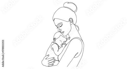 Emotional bond illustration a continuous one line drawing of a mother tenderly cradling her newborn baby, symbolizing love and new life with a single flowing stroke