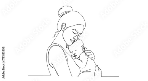 One line, single continuous drawing of mother tenderly holding her baby minimal illustration